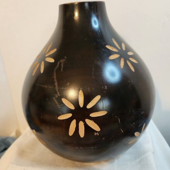 Vintage Polish Carved Wood Vase Floral Inlay Dark Brown Folk Art 8" Tall Heavy - Picture 3 of 10